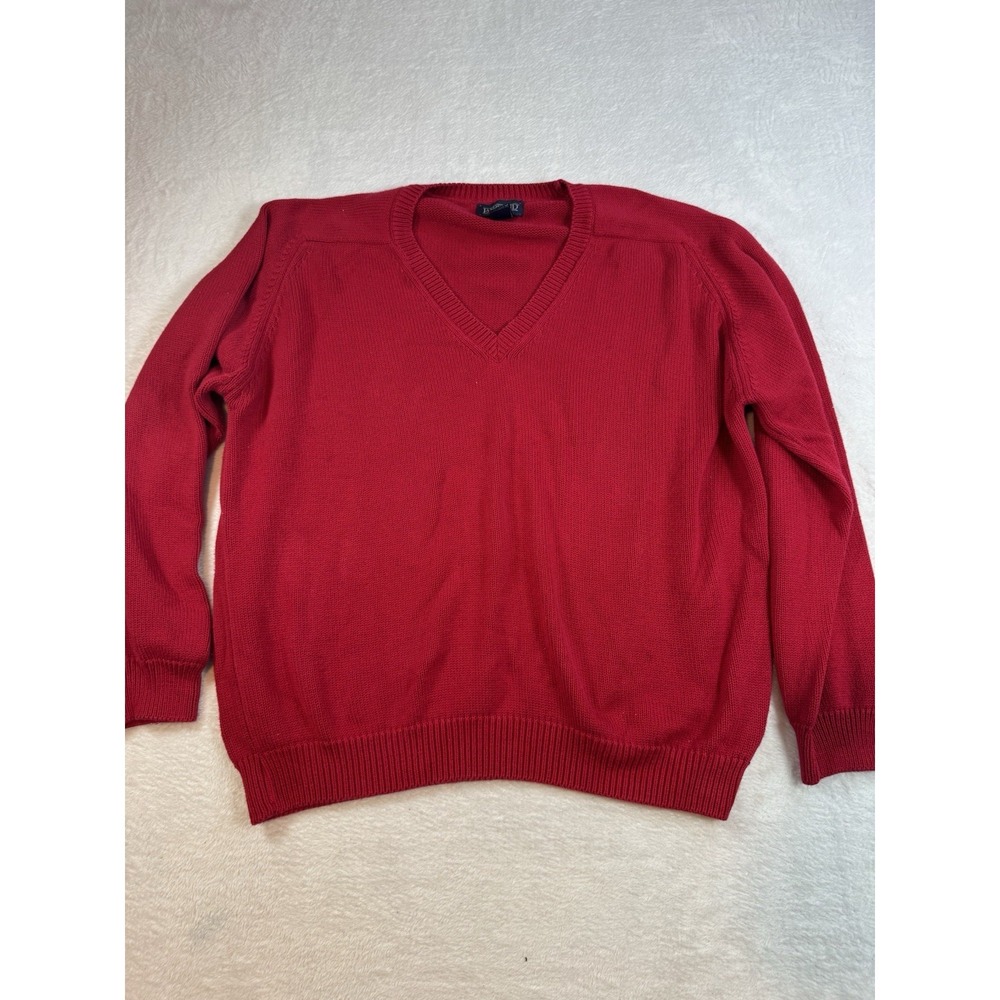 Vintage Lands End Men's Red Cotton Fisherman Pullover Sweater V-Neck Large
